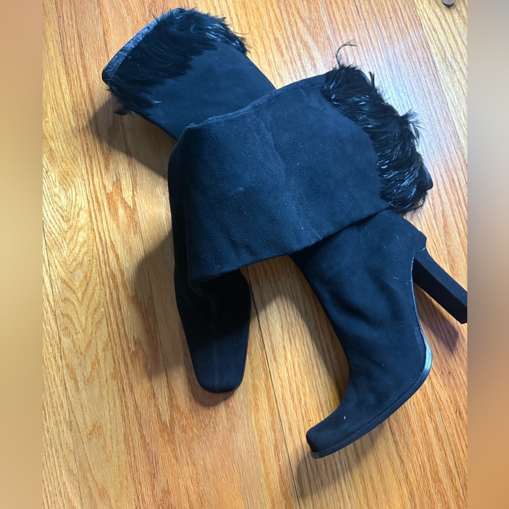 Bebe Black Suede Leather Lined Feather Trim Mid-Calf Stiletto Boots